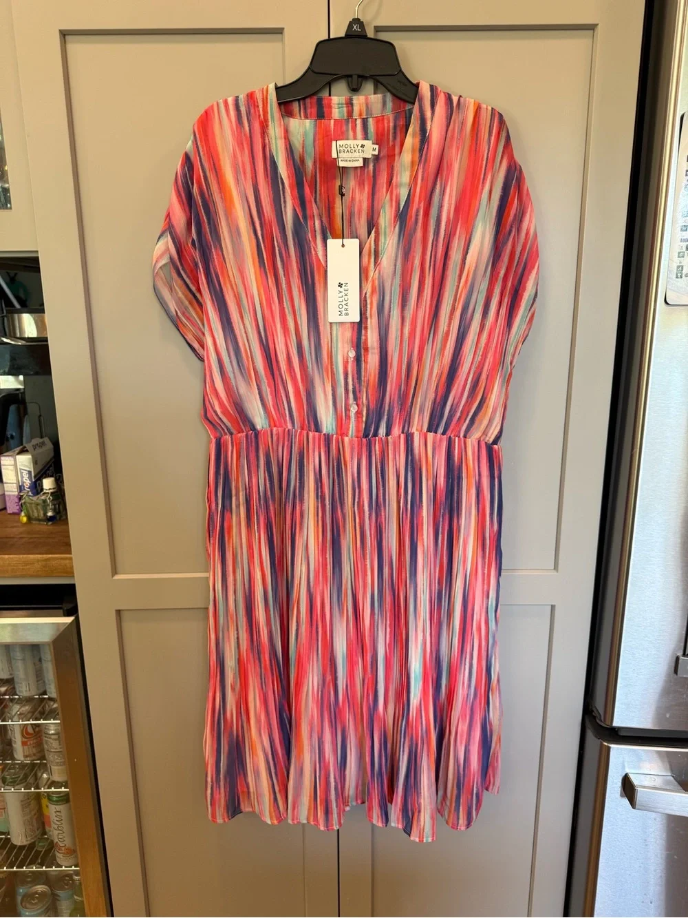 NWT Molly Bracken Pink Blue Multicolor Vertical Stripe V-Neck Casual Dress